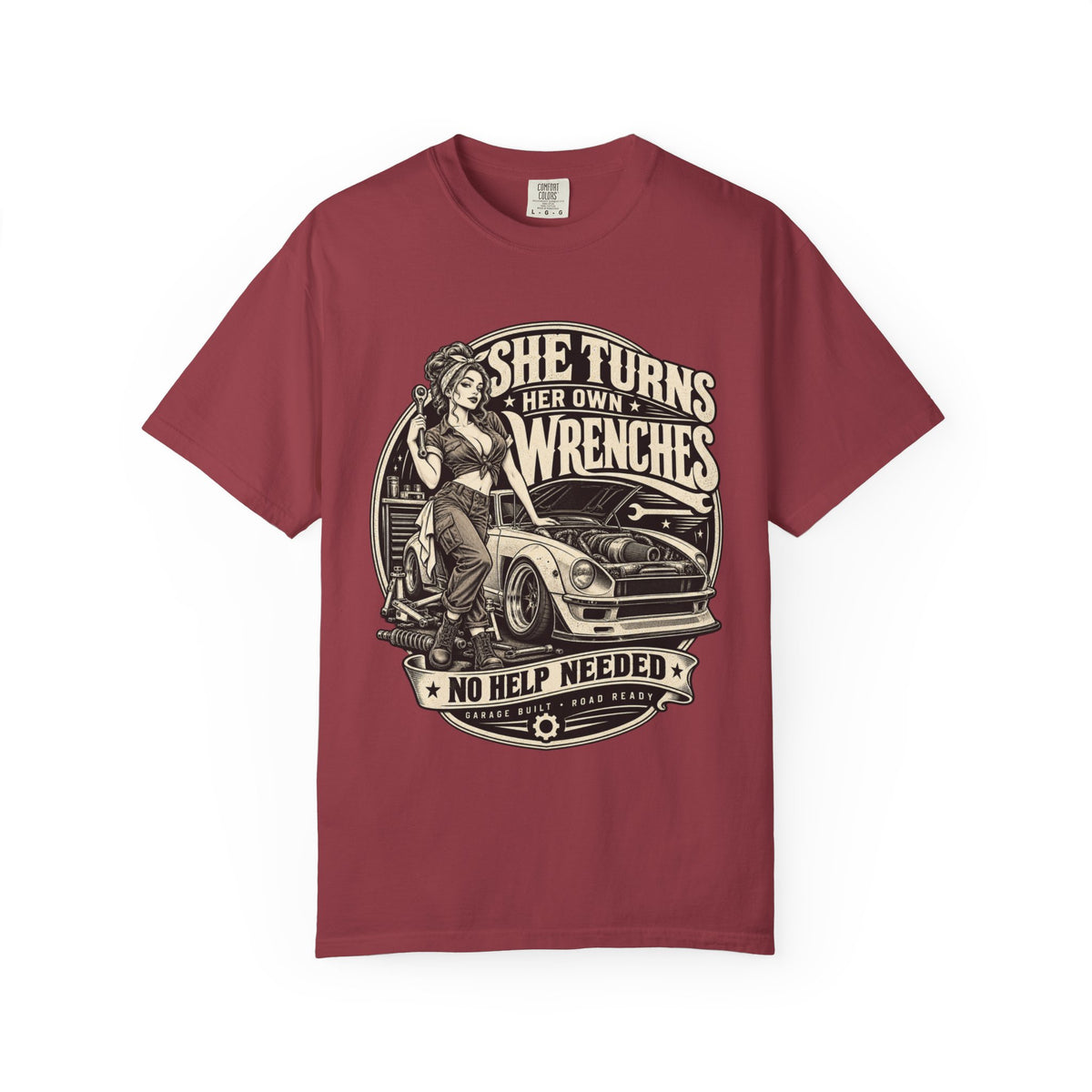 She Turns Her Own Wrenches T-Shirt — Empowered Female Mechanic Vintage Graphic Tee
