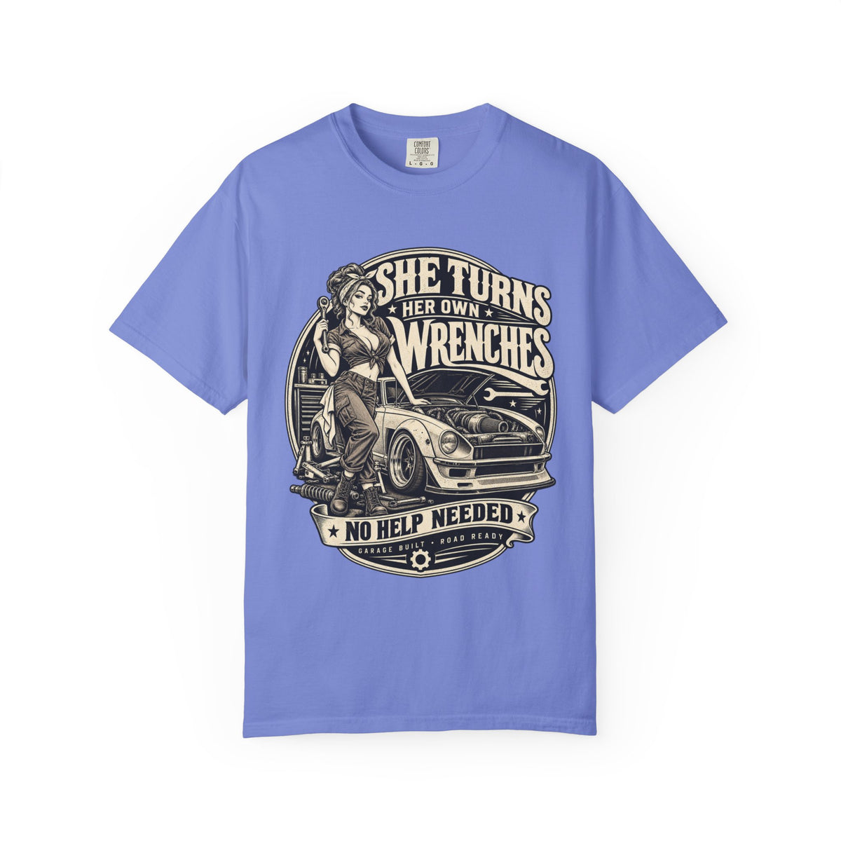 She Turns Her Own Wrenches T-Shirt — Empowered Female Mechanic Vintage Graphic Tee