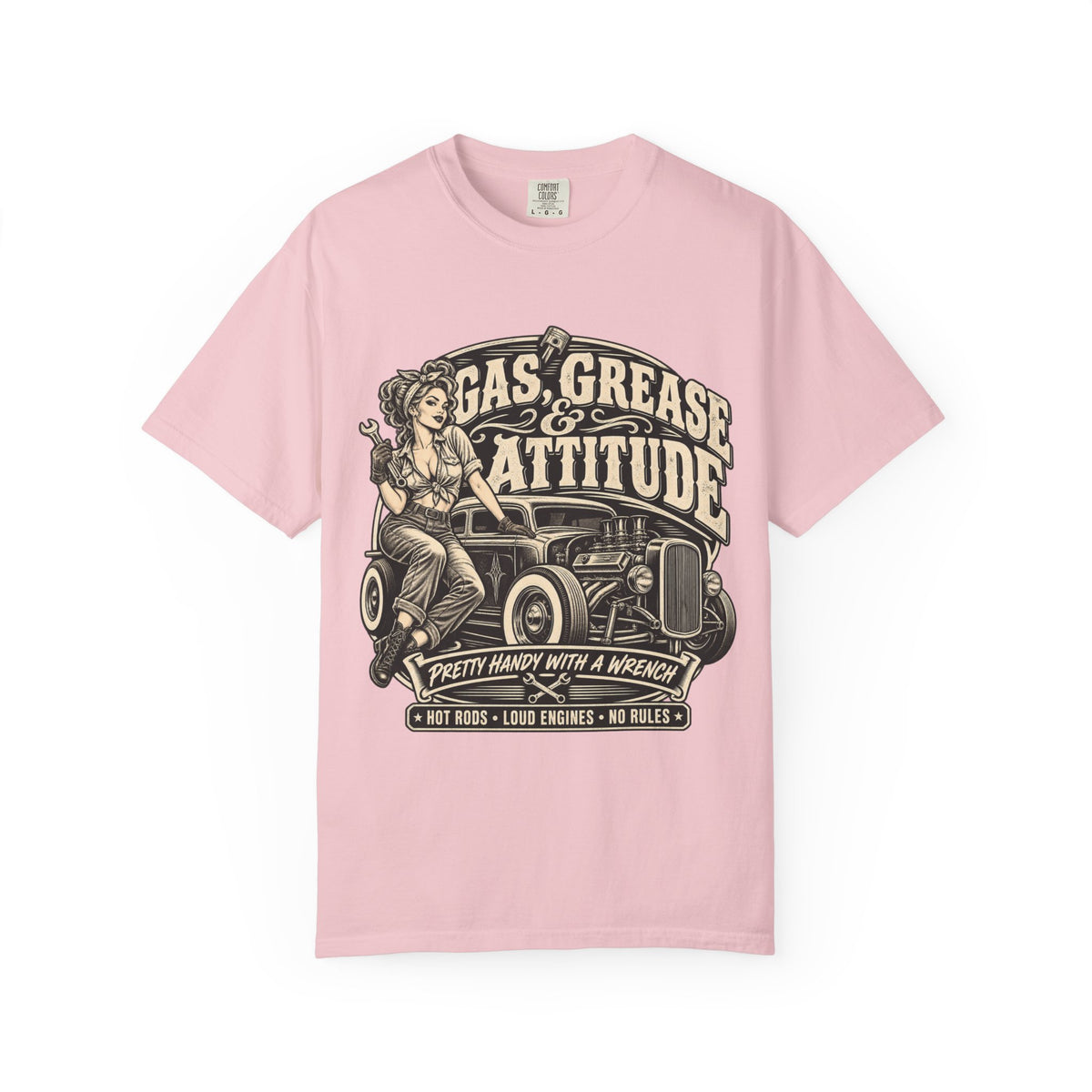 Gas, Grease & Attitude T-Shirt — Vintage Hot Rod Pinup Auto Mechanic Tee