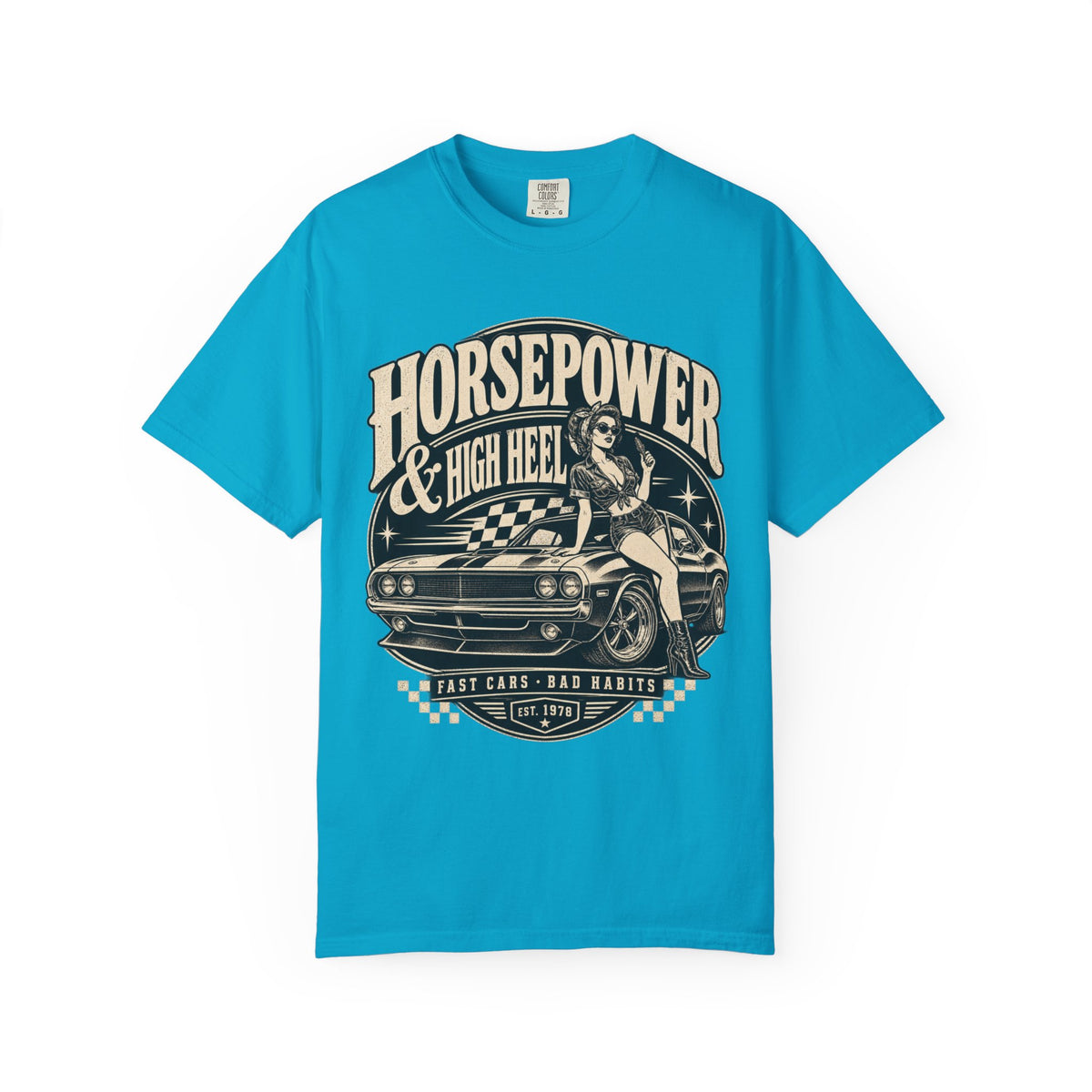 Horsepower & High Heel Car Tee — Vintage Pinup Muscle Car Graphic T-Shirt