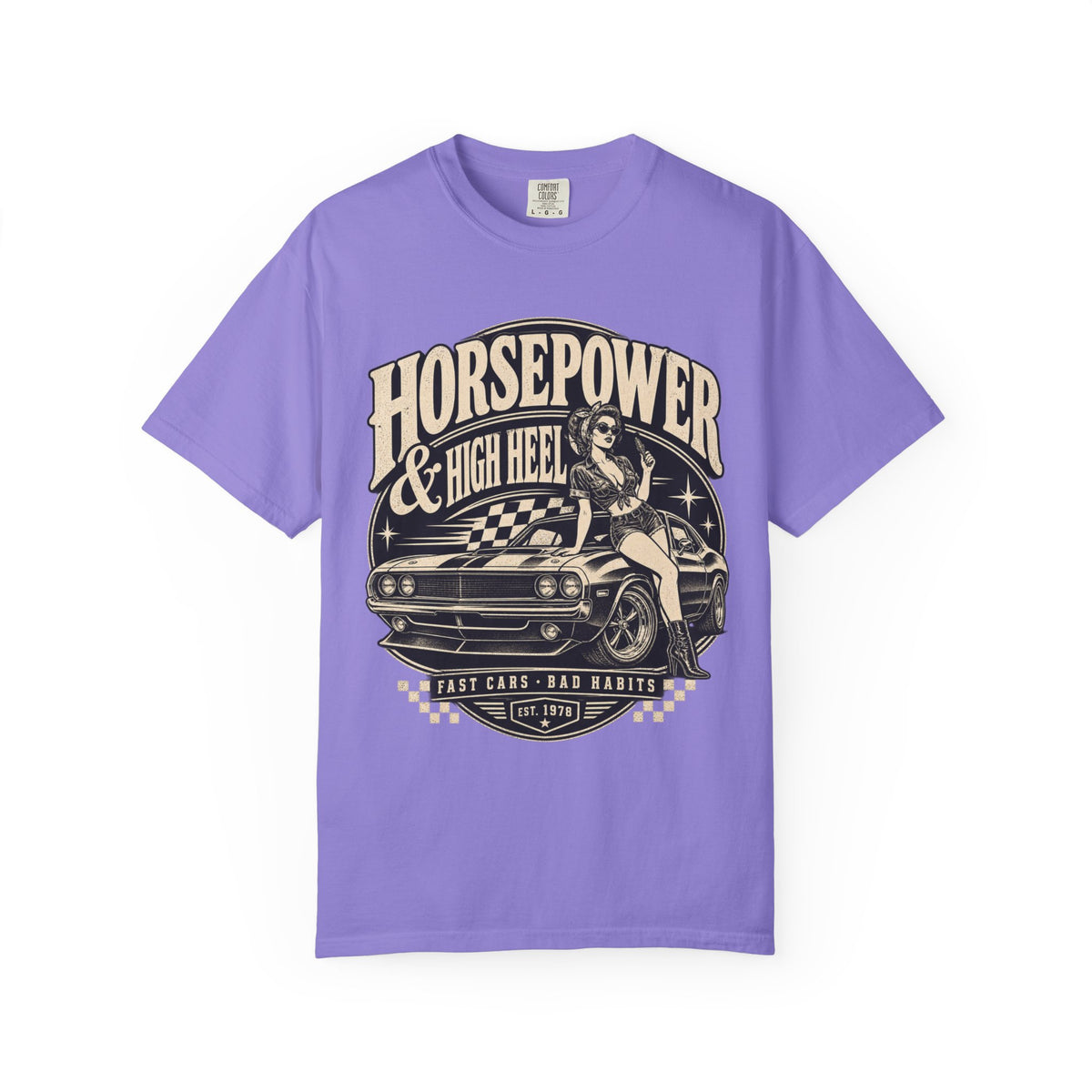 Horsepower & High Heel Car Tee — Vintage Pinup Muscle Car Graphic T-Shirt