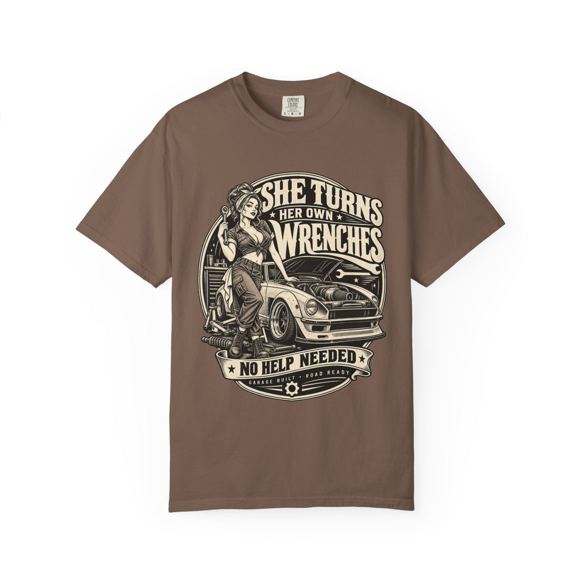 She Turns Her Own Wrenches T-Shirt — Empowered Female Mechanic Vintage Graphic Tee
