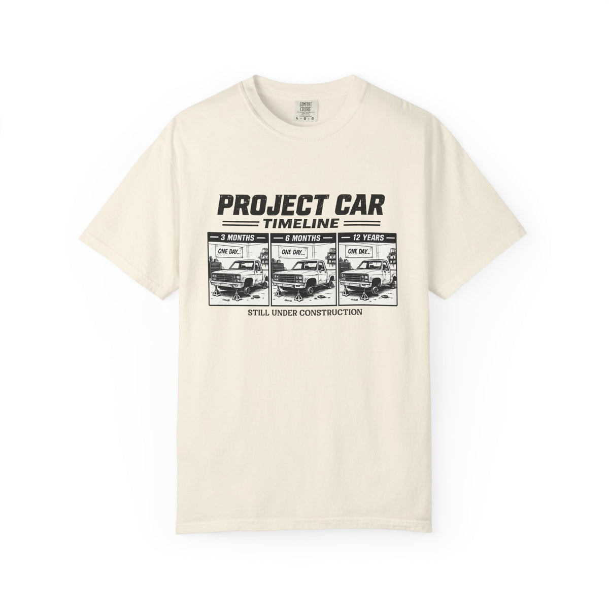 Project Car Timeline T-Shirt — "Project Car: Still Under Construction" Auto Mechanic Tee