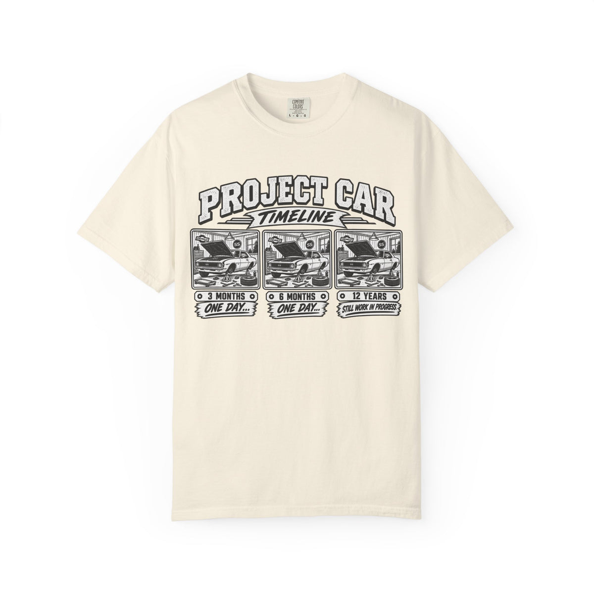 "Project Car: 0 Months, 6 Months, 12 Years" Funny Car Restoration T-Shirt