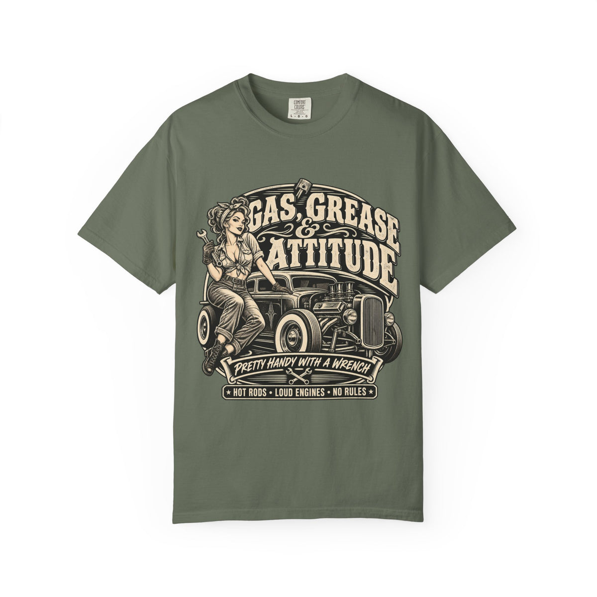 Gas, Grease & Attitude T-Shirt — Vintage Hot Rod Pinup Auto Mechanic Tee