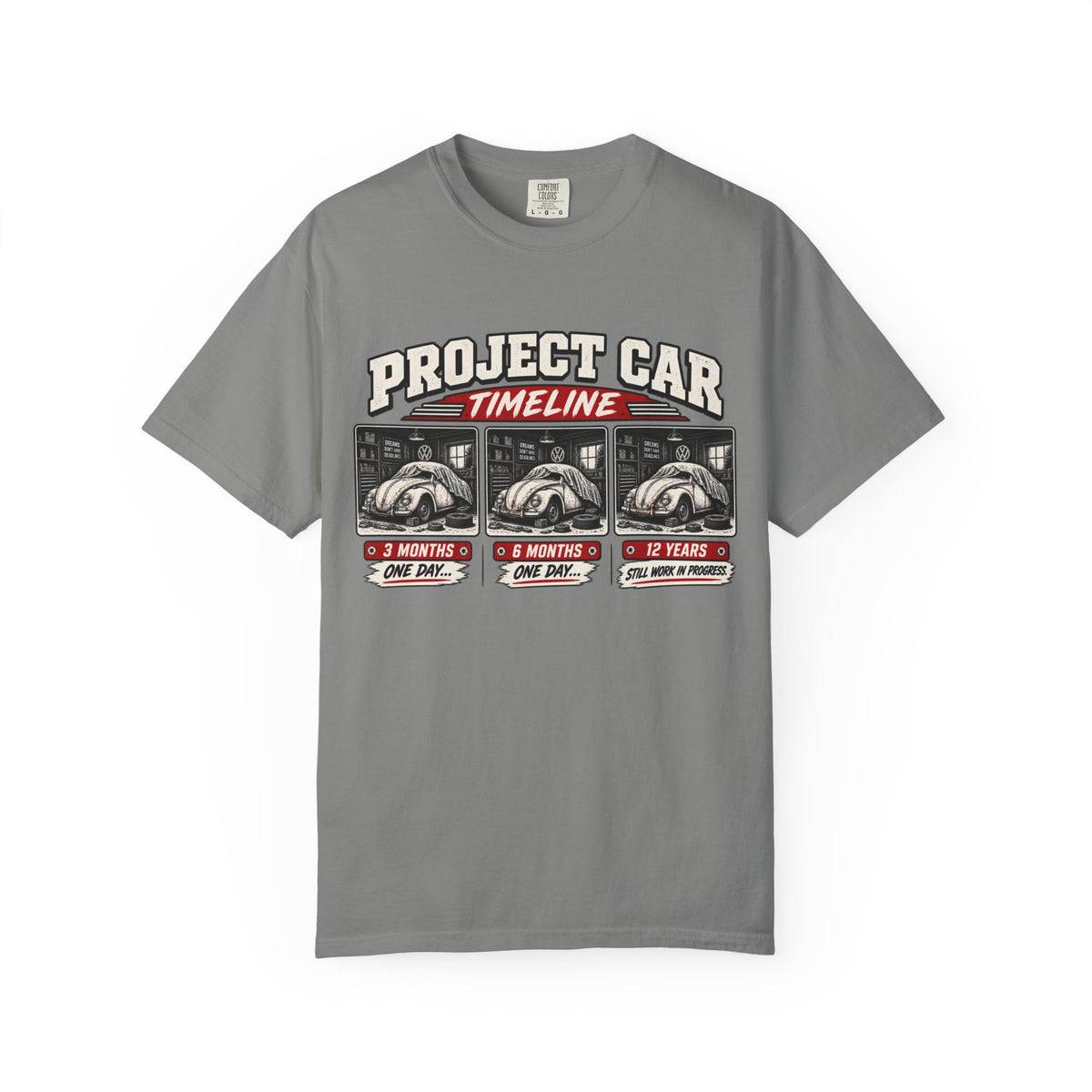 Funny Project Car Timeline T-Shirt – Car Restoration Tee ("3 Months, 6 Months, 12 Years")