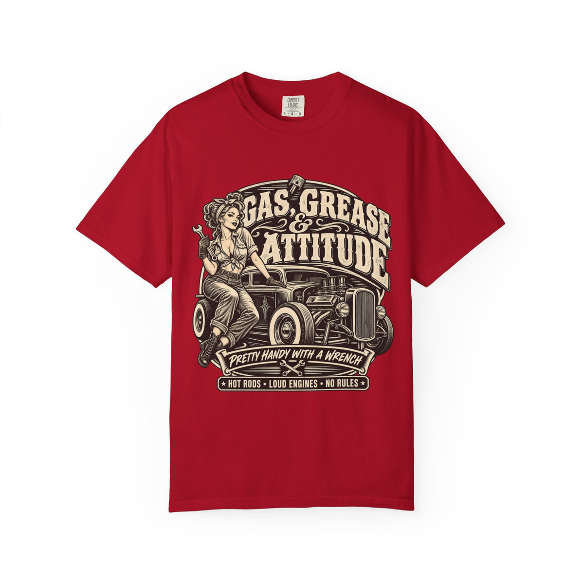 Gas, Grease & Attitude T-Shirt — Vintage Hot Rod Pinup Auto Mechanic Tee