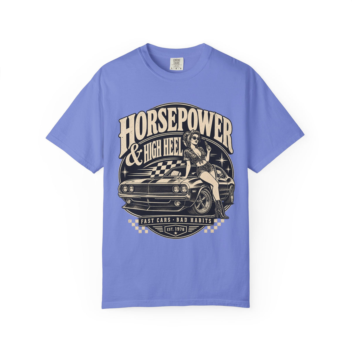 Horsepower & High Heel Car Tee — Vintage Pinup Muscle Car Graphic T-Shirt