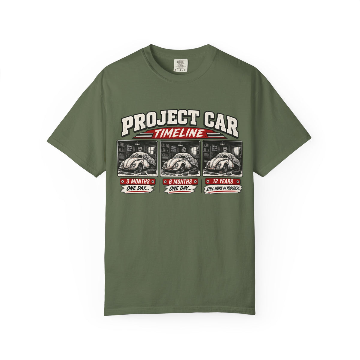 Funny Project Car Timeline T-Shirt – Car Restoration Tee ("3 Months, 6 Months, 12 Years")