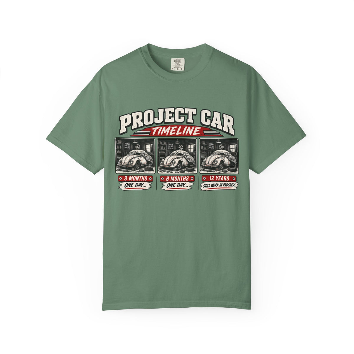 Funny Project Car Timeline T-Shirt – Car Restoration Tee ("3 Months, 6 Months, 12 Years")