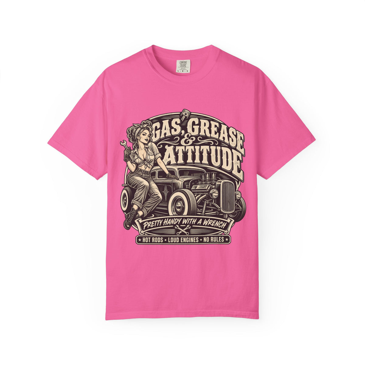 Gas, Grease & Attitude T-Shirt — Vintage Hot Rod Pinup Auto Mechanic Tee