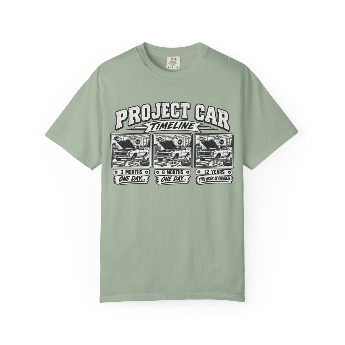 "Project Car: 0 Months, 6 Months, 12 Years" Funny Car Restoration T-Shirt