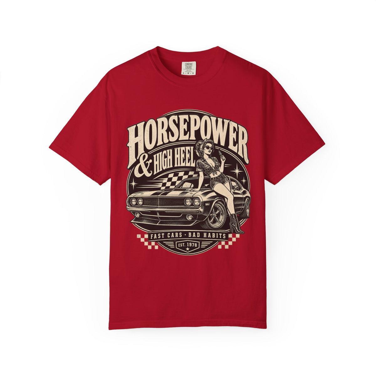 Horsepower & High Heel Car Tee — Vintage Pinup Muscle Car Graphic T-Shirt
