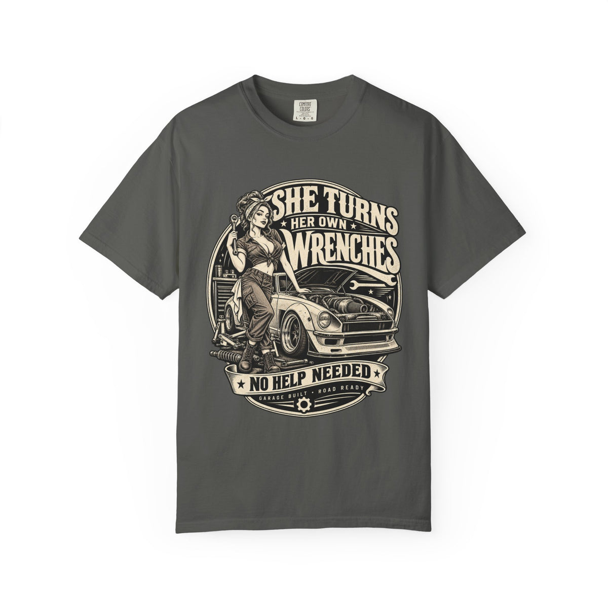 She Turns Her Own Wrenches T-Shirt — Empowered Female Mechanic Vintage Graphic Tee