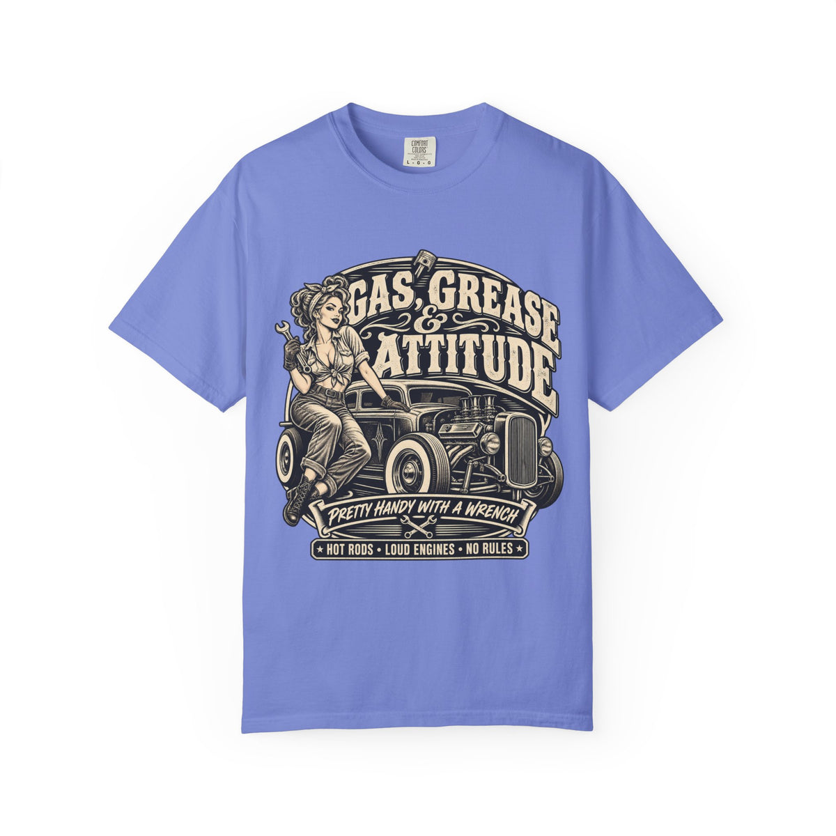 Gas, Grease & Attitude T-Shirt — Vintage Hot Rod Pinup Auto Mechanic Tee