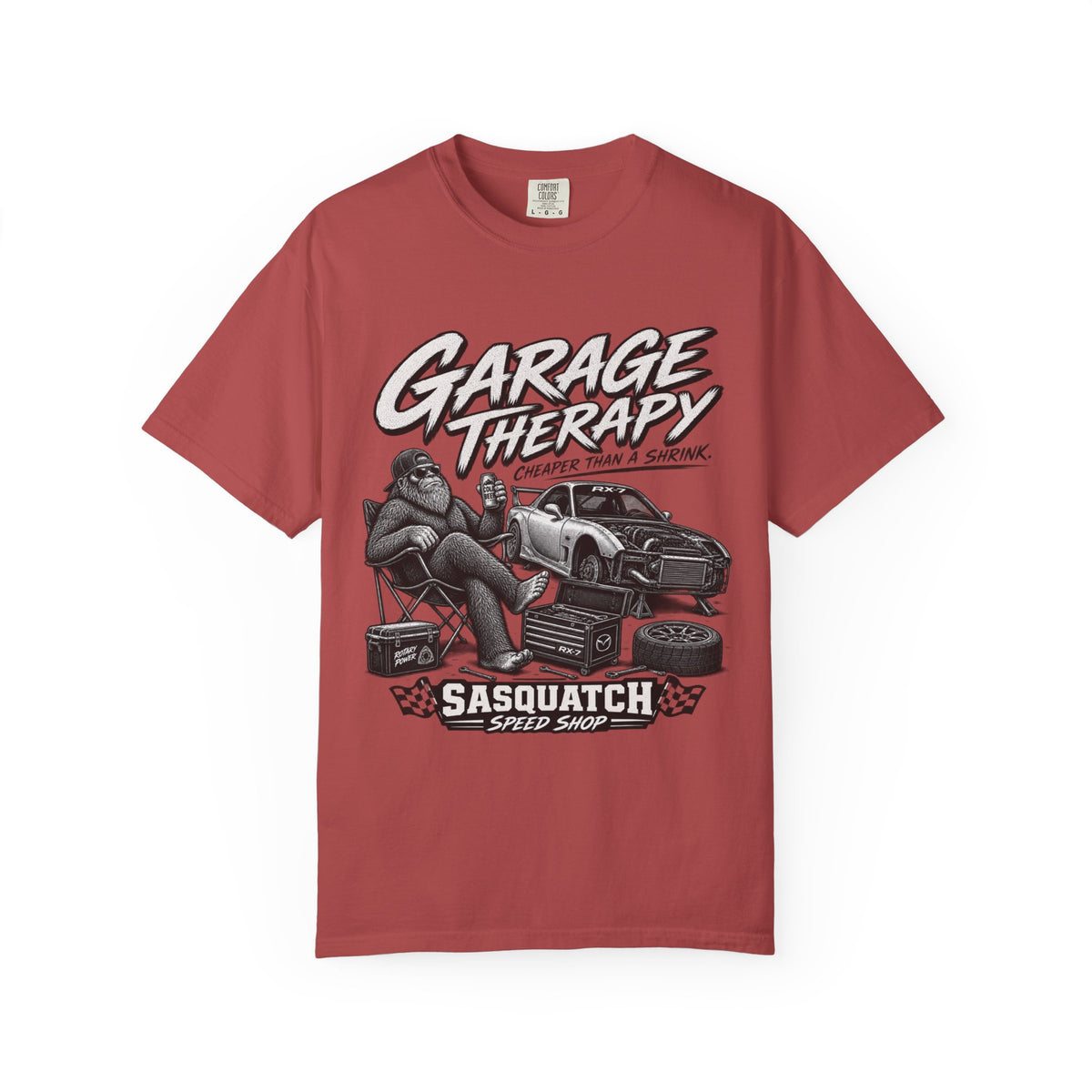 Garage Therapy T-Shirt — "Garage Therapy: Cheaper Than a Shrink" Sasquatch Speed Shop Tee