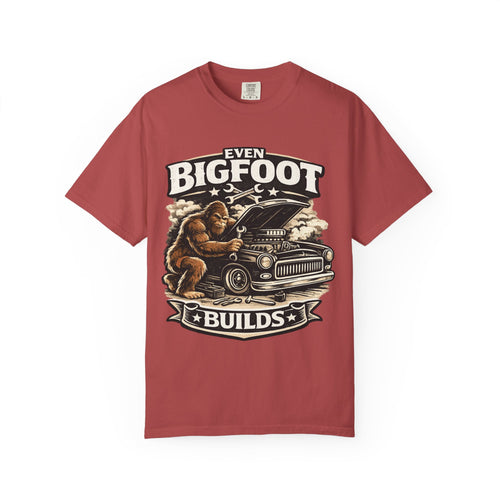 Bigfoot Builds T‑Shirt — Vintage Sasquatch Hot Rod Mechanic Tee