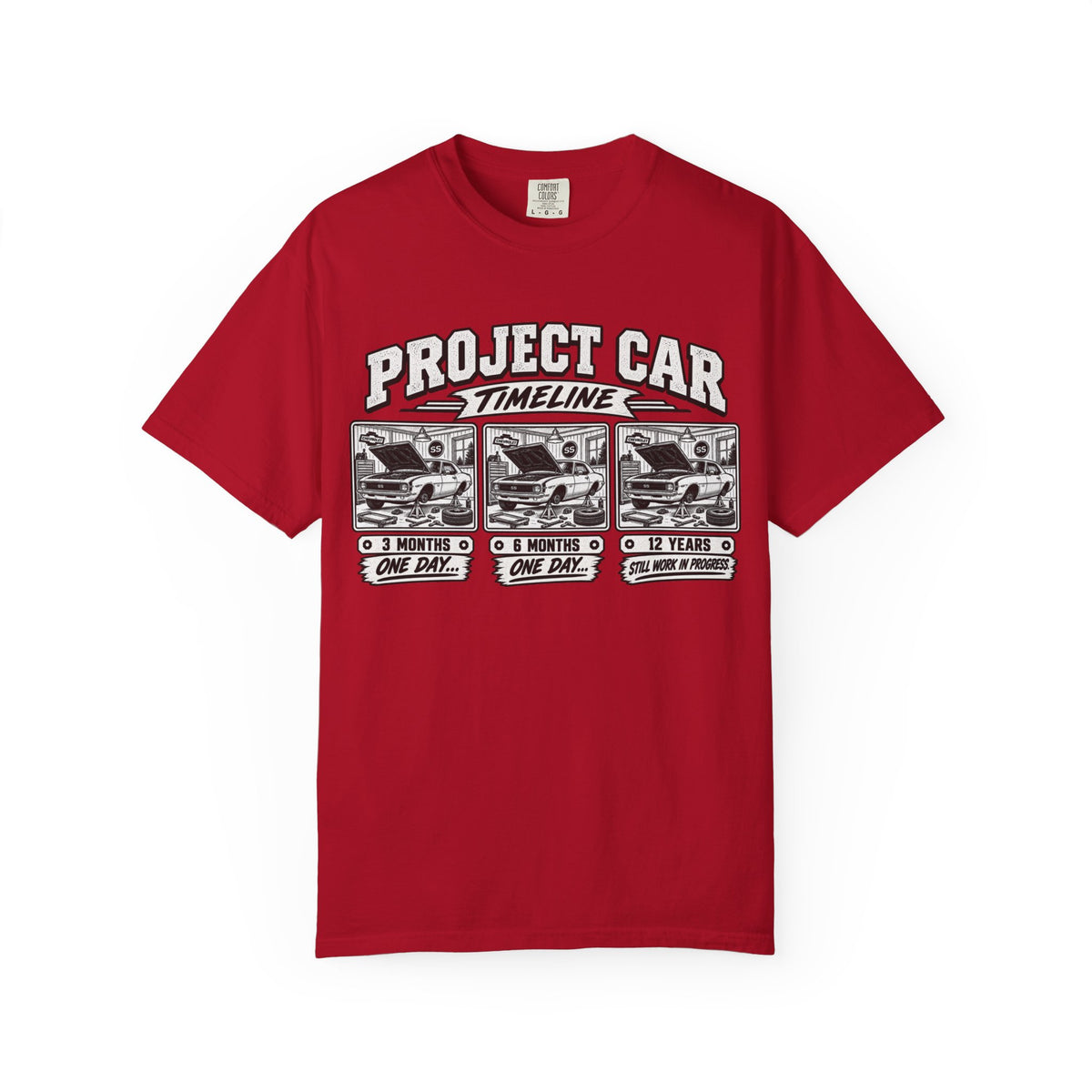 "Project Car: 0 Months, 6 Months, 12 Years" Funny Car Restoration T-Shirt