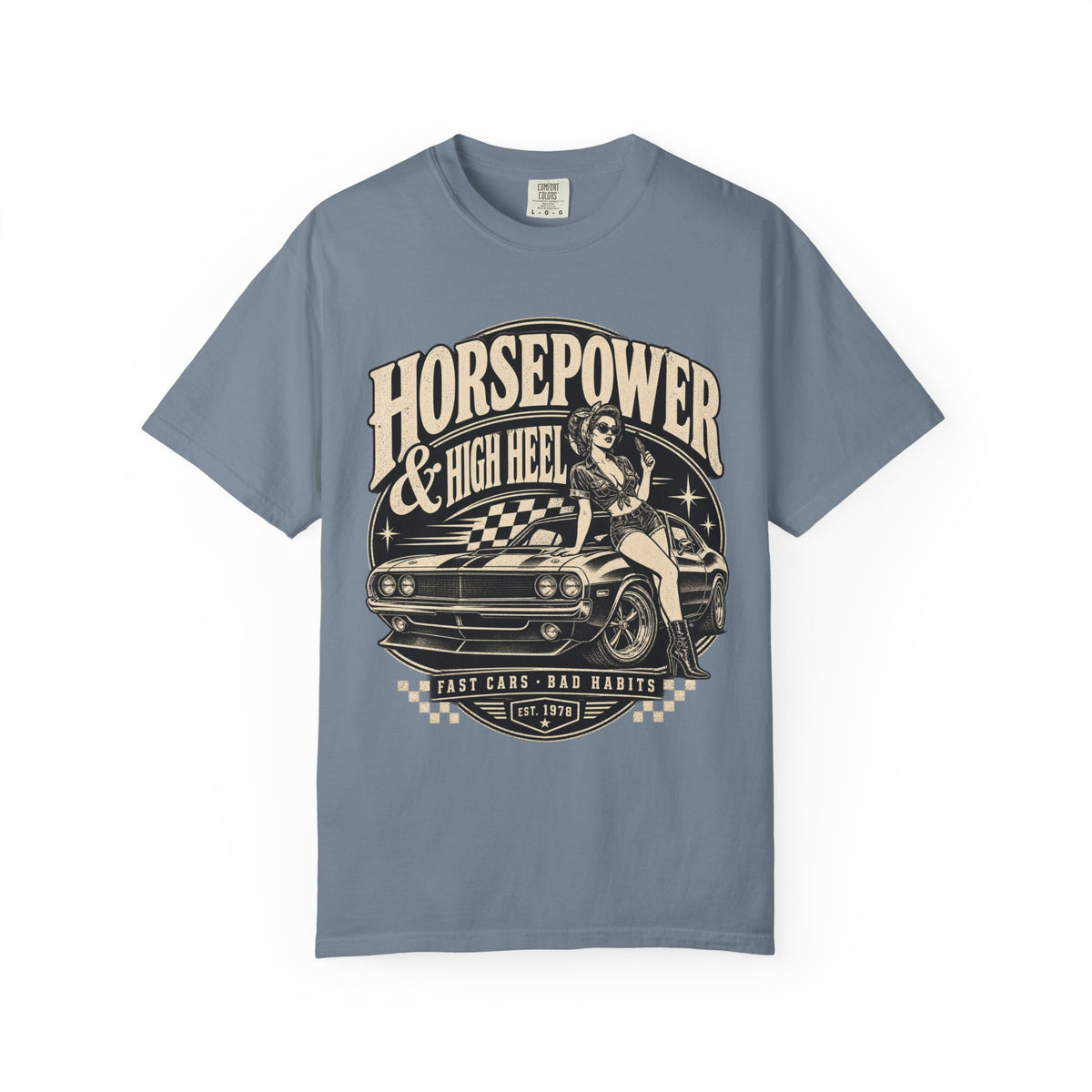 Horsepower & High Heel Car Tee — Vintage Pinup Muscle Car Graphic T-Shirt