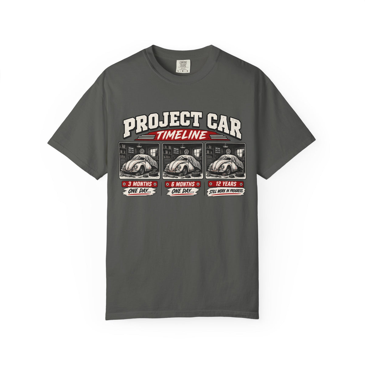 Funny Project Car Timeline T-Shirt – Car Restoration Tee ("3 Months, 6 Months, 12 Years")