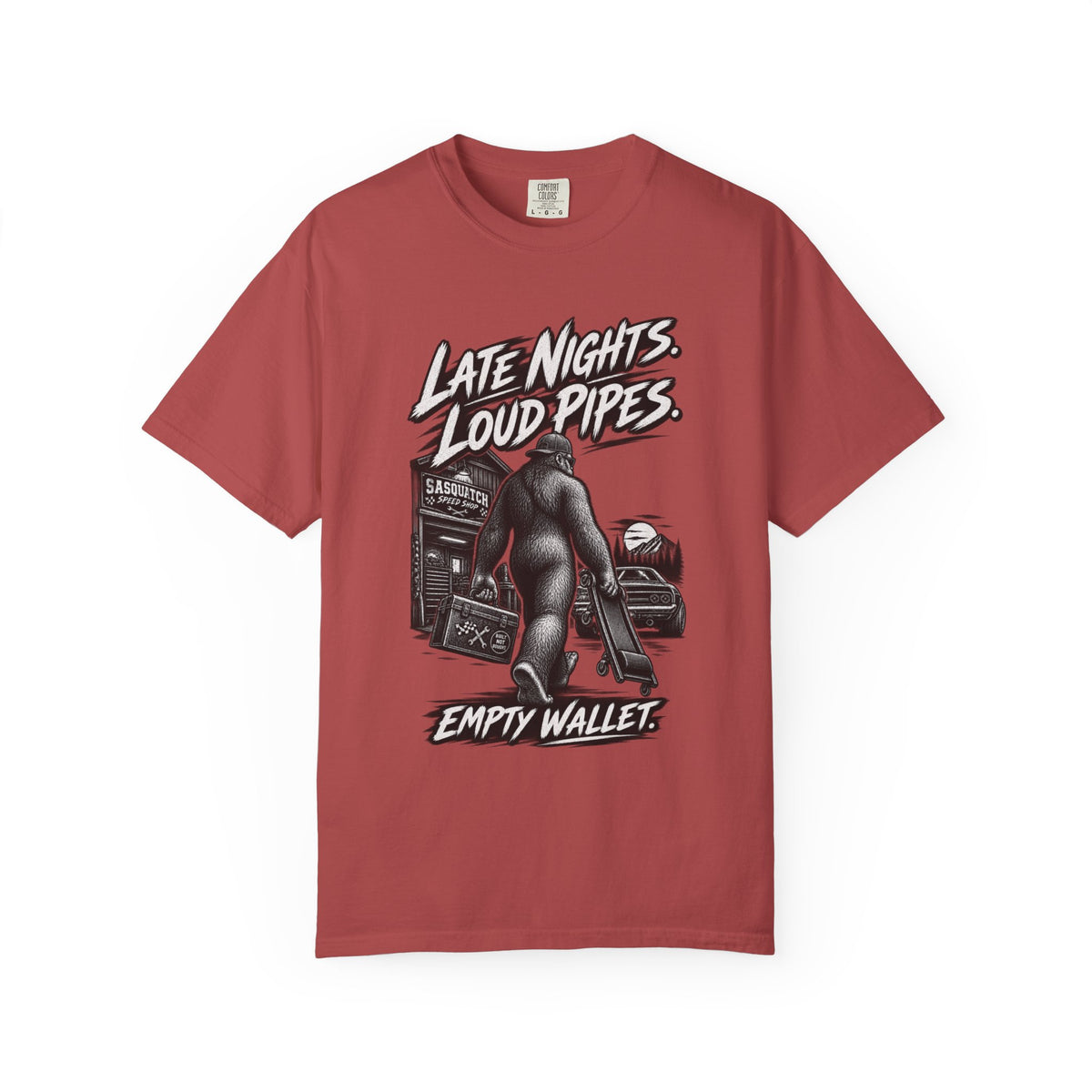 "Late Nights, Loud Pipes, Empty Wallet" Retro Sasquatch Graphic Tee