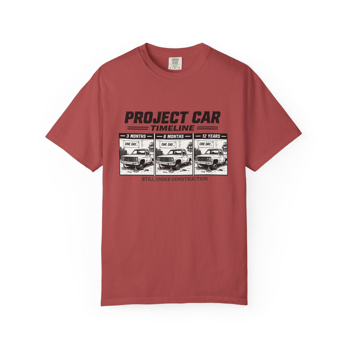 Project Car Timeline T-Shirt — "Project Car: Still Under Construction" Auto Mechanic Tee