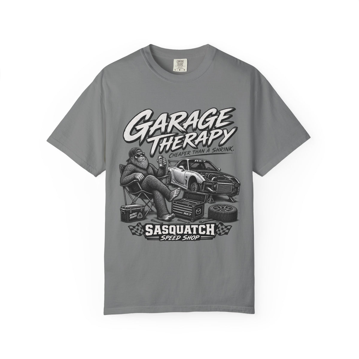 Garage Therapy T-Shirt — "Garage Therapy: Cheaper Than a Shrink" Sasquatch Speed Shop Tee
