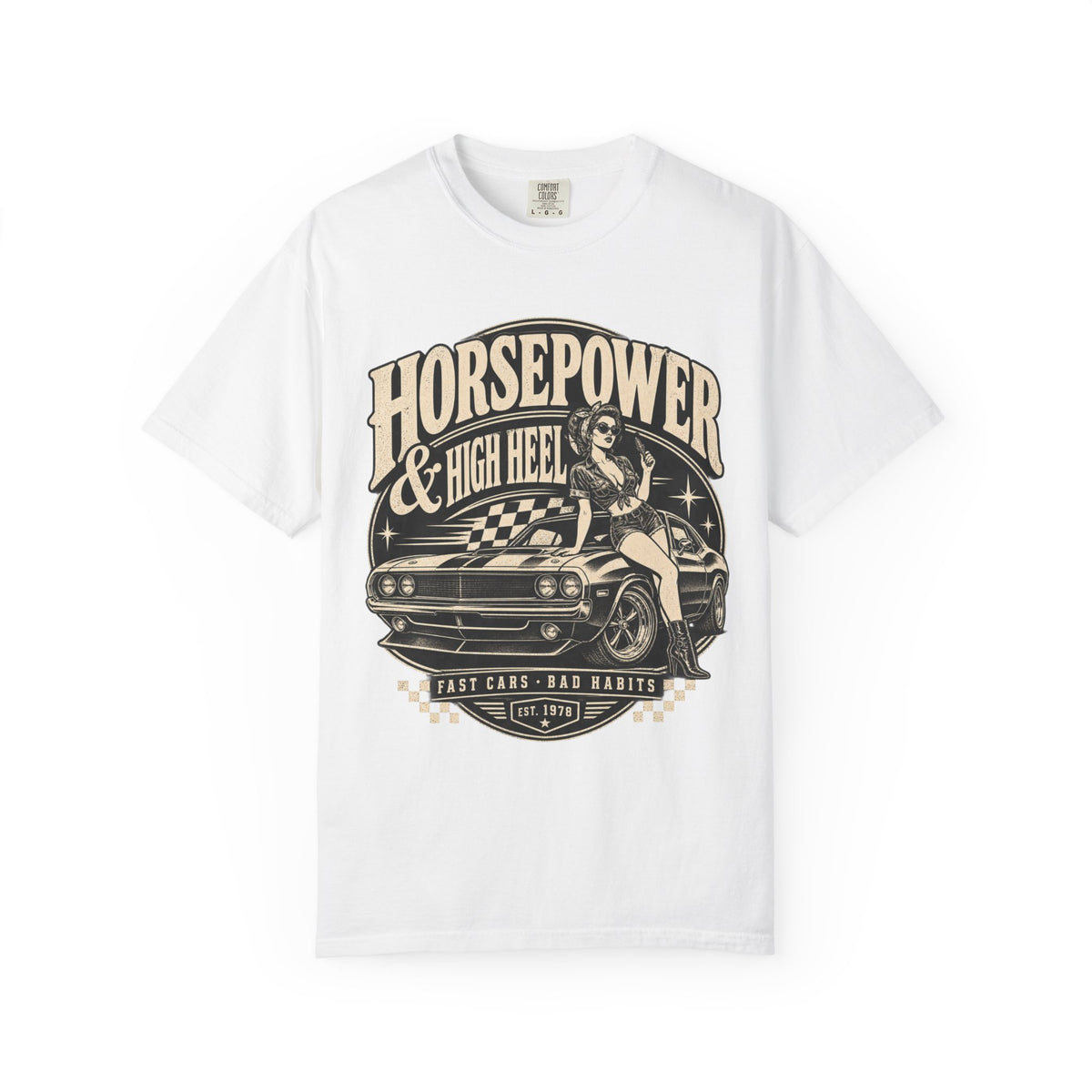 Horsepower & High Heel Car Tee — Vintage Pinup Muscle Car Graphic T-Shirt